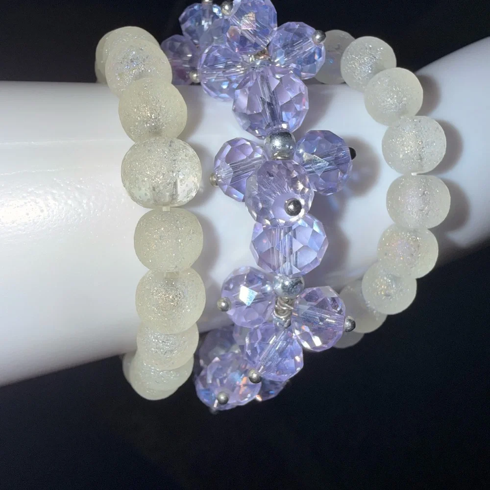 Beaded Bracelet Set - Cream and Purple - Picture 3 of 3